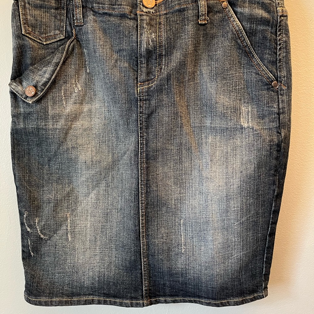 See Thru Soul Denim Skirt Distressed Blue Jean Modest 5 Pocket Size 30